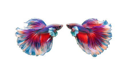 two male betta splendens, purple-emerald and magenta-cyan fins, fanning elegantly against a deep black studio background, dramatic lighting. concept of delicate power