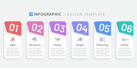 Business infographic template. 6 Step timeline journey. Process diagram, 6 options on white background, Infograph elements, technology, education, modern vector illustration.