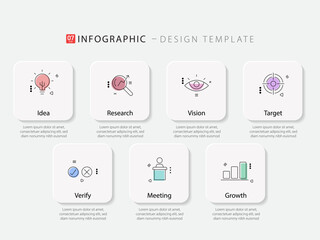 Business infographic template. 7 Step timeline journey. Process diagram, 7 options on white background, Infograph elements, technology, education, modern vector illustration.