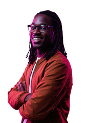 Young black man, braids, rust bomber, black eyeglasses, smiling confidently in studio, vibrant purple & pink neon background, copy space. Concept of modern youthful style