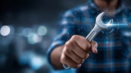 Faceless focused technician holding wrench, expertise and readiness symbolism, modern workshop environment with technology overlays, maintenance professional, with copy space