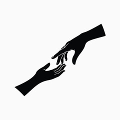 Black silhouette of two hands reaching for each other silhouettes isolated on white background.