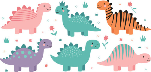 Set of cute kawaii dinosaur characters, flat vector illustration of friendly dinos with flowers and decorative elements © MdSoleman