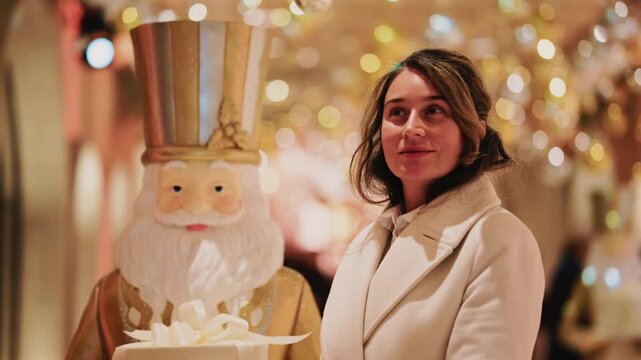 A woman in a light colored coat stands beside a large nutcracker decoration, surrounded by warm festive lights