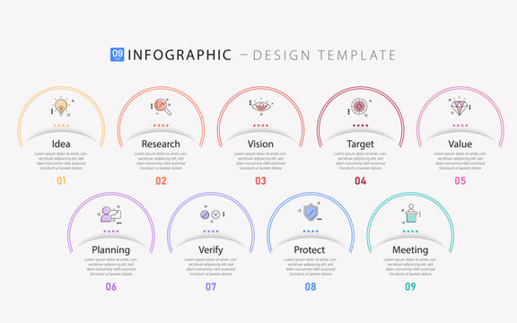 Infographic design template. Timeline concept with 9 options or steps template. layout, diagram, annual, report, presentation. Vector illustration. - Powered by Adobe