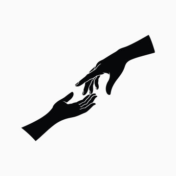 Black silhouette of two hands reaching for each other silhouettes isolated on white background.