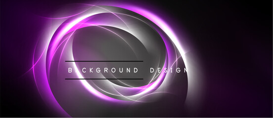 Abstract purple energy swirls form circular design. Dark background enhances glowing effect. Text reads background design.