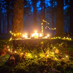 Lit candles on a mossy tree stump in a dark forest