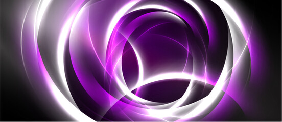 Obraz premium Abstract design features swirling purple, white light. Circular shapes dominate dark background, creating dynamic visual effect.