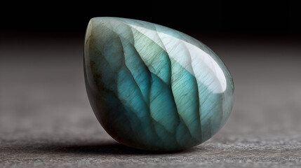 Polished labradorite gemstone with turquoise blue iridescent flash on dark background, natural mineral specimen for geology and crystal collection