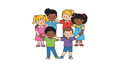 Diverse group of happy children standing together in a circle with arms around each other