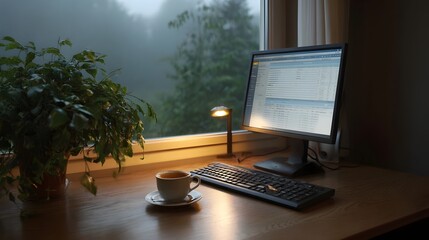 Fototapeta premium A computer workstation with coffee and a plant sits by a window on a foggy overcast day