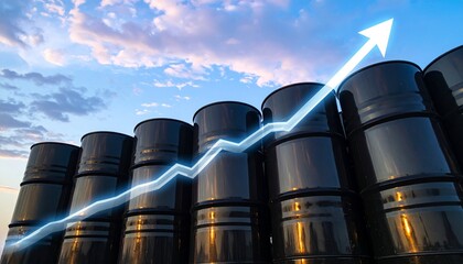 Growth of oil market as barrels stack under bright sky with rising trend line
