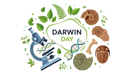 Evolutionary biology concept with microscope dna fossils and leaves on white background for darwin day © Naeem