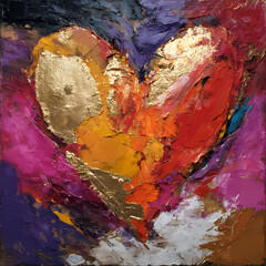 abstraktes buntes Herz mit gold - Stil Acryl- oder &Ouml;lfarbe