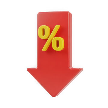 Red arrow pointing downwards with percentage symbol isolated on transparent background