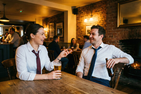 Pareja de colegas disfrutando cerveza artesanal en pub acogedor