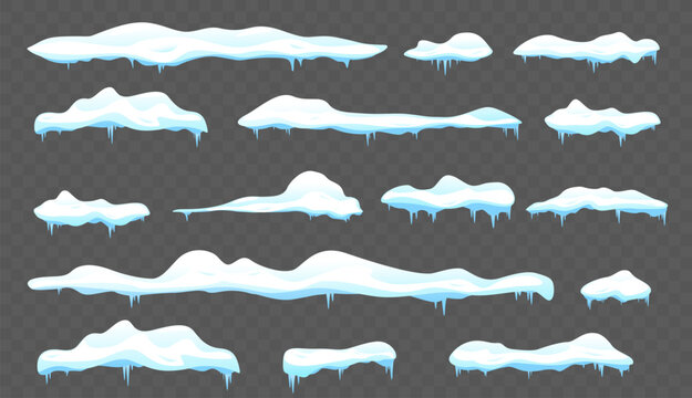 White snow caps or snowdrifts. Icy heaps. Frost weather. Winter decorations with icicles. New year snowcap. Frozen seasonal horizontal vector elements set elements on transparent background