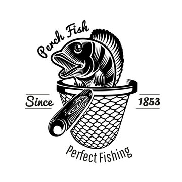 Perch Fish in Landing Net Monochrome Vector Illustration