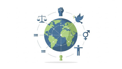 Global unity and equality concept with earth surrounded by symbols of peace justice and human rights