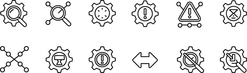 Collection of gear icons with various symbols and markings