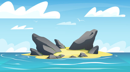 Obraz premium Uninhabited tropical island in ocean with rocks and yellow sand. Seaside nature landscape. Stones at beach. Empty sea coast. Summer sky clouds. Caribbean seashore. Vector illustration