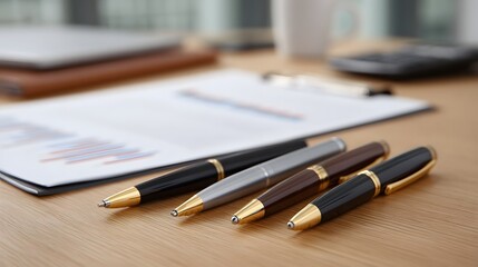 A selection of elegant pens rests on a wooden desk beside financial charts and documents set in a professional office environment