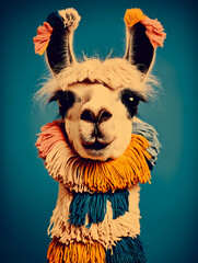 Fototapeta premium Kopf von einem Lama mit Fell aus Wolle - einfacher Hintergrund