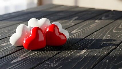  Romantic still life mockup: Four pristine white and red hearts arranged on a weathered black wood table, soft spring light, with clean copyspace for text