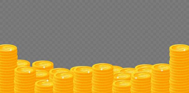 Stacks of gold coins with dollar signs on transparent background. Financial success. Metal money frame. Treasure cash. Finance savings. Currency profit. Golden monetary. Vector backdrop