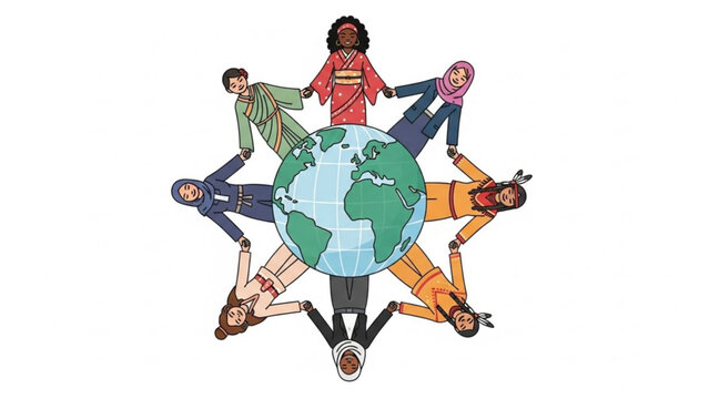 Diverse group of people from different cultures holding hands around the earth globe in a symbol of unity