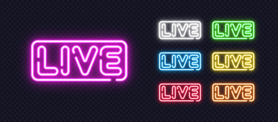 Colorful neon LIVE signs in multiple versions, perfect for streaming, broadcasting or real-time updates.