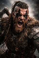 Fierce Warrior Yelling with Battle Paint and Armor in Dramatic Setting