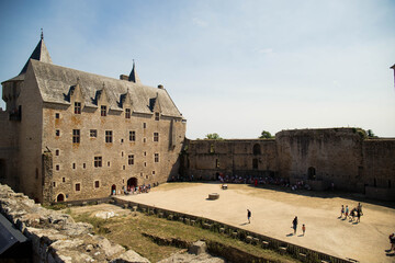 The inner courtyard and the duke's house of Suscinio Castle on a sunny day. No, people, background with copy space, high angle view. Sarzeau, Brittany, France.
