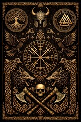 Intricate Norse Mythology Artwork Featuring Symbols and Creatures