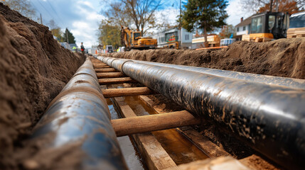 Trench pipe installation for new water main, urban infrastructure development project, underground construction scene, utility installation work, with copy space