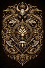 Intricate Viking-Inspired Artwork with Mythical Creatures and Symbols