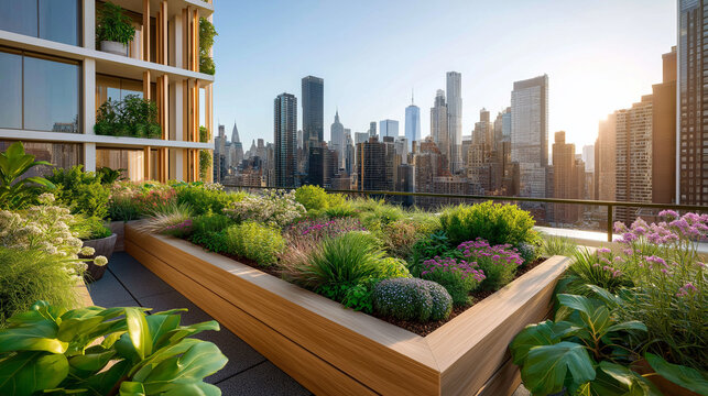 Serene urban oasis display, rooftop garden with city skyline view, botanical terrace visualization, metropolitan green space concept, outdoor living representation, with copy space - Powered by Adobe
