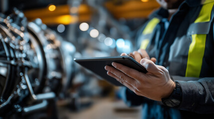 Obraz premium Faceless man in warehouse inspecting aircraft engine while using tablet, technology and aviation maintenance intersection, aerospace professional, with copy space