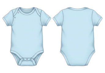 Baby bodysuit design with isolated front and back views on a white background, featuring short sleeves in light blue.