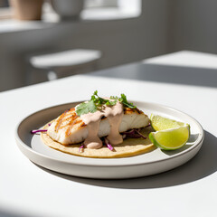 Grilled Fish Taco with Creamy Sauce and Lime in Minimalist Setting