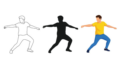 Male figure showing various illustration styles including a clean line art outline a stark silhouette and a vibrant color version in an active pose