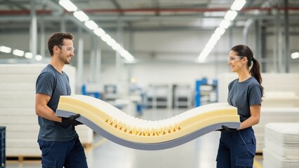 Two factory workers holding flexible foam mattress core. Man and woman collaborating in manufacturing plant. Teamwork and quality control in bedding industry