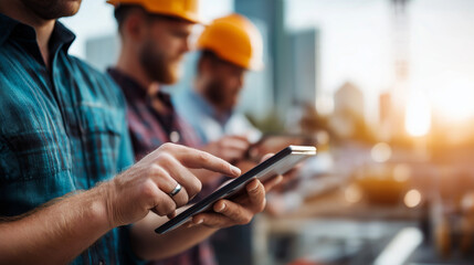 Faceless construction workers in hard hats using tablets on bustling site, modern technology's role in industry, digital construction management, with copy space
