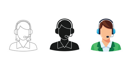 Collection of three distinct style icons representing a female customer service representative wearing a headset with a microphone for support communication