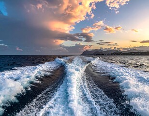 Boat Wake at Sunset - A Serene Ocean Journey.