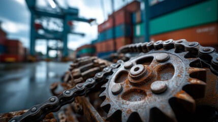 Close-up view of rusted gears and chains, defocused shipping containers and cranes backdrop, industrial machinery in action, mechanical detail, with copy space