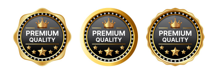 Premium Quality Gold Badge Set &ndash; Round Labels with Crown, Stars and Diamond Ring, Best Quality Flat Vector Icons