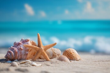 Close up of seashells and starfish on sandy beach with blurred ocean background summer vacation concept