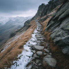Rocky mountain trail along steep slope with first snow, harsh landscape, travel, solitude, wilderness
